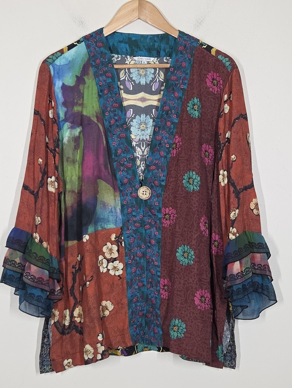 John Mark Patchwork Floral Embroidered Ruffle Sleeve Kimono Cardigan XL Boho Art